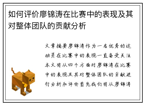 如何评价廖锦涛在比赛中的表现及其对整体团队的贡献分析